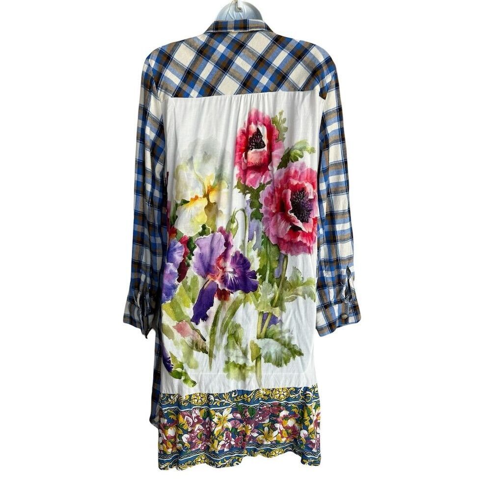 ARATTA Silent Journey Plaid Floral Flannel Tunic Top Women's M Back Boho Chic